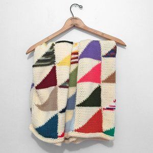 Vintage Knit TRIANGLES Afghan, Handmade Blanket in Rainbow Colors